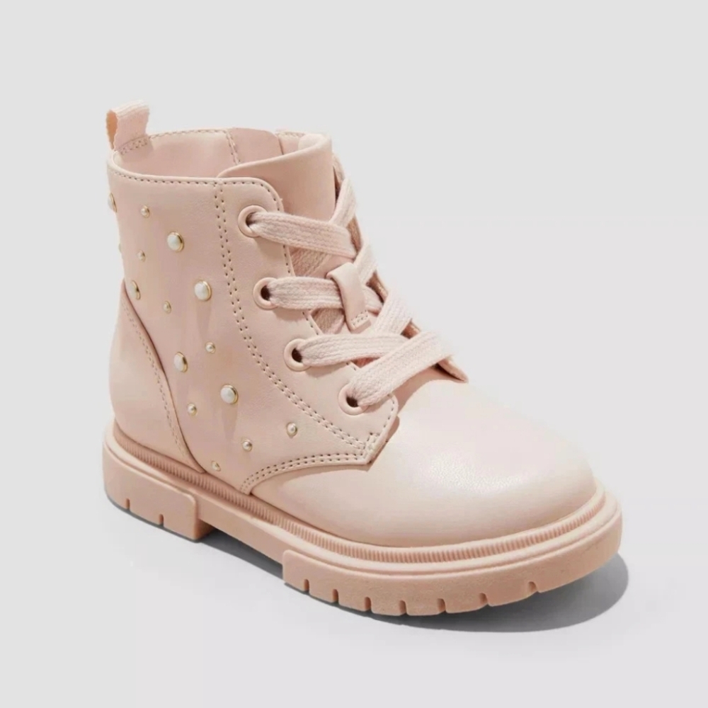 Cat & Jack Boots Blush Pink Amaya Lace Up Zipper Combat Boots With Pearls Baby